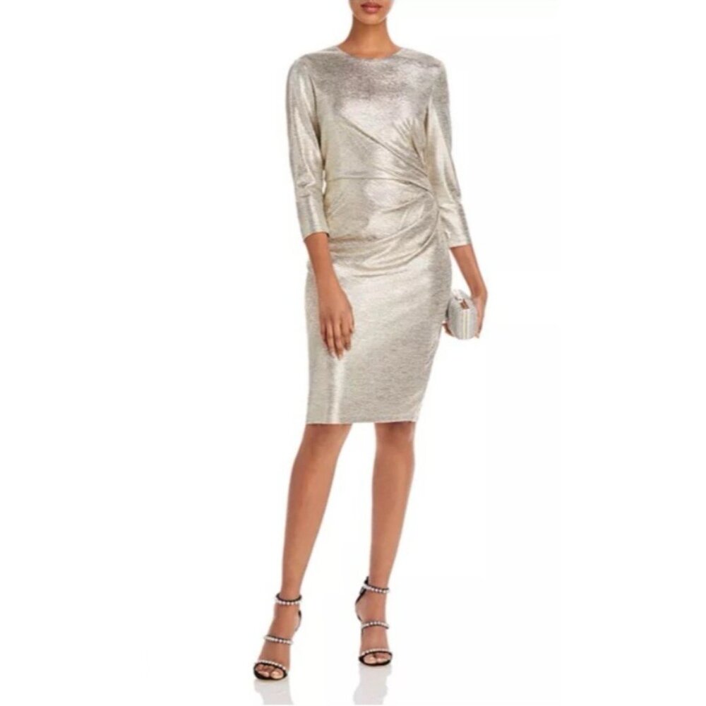 Eliza J Draped Metallic Gold Long Sleeve Sheath Cocktail Party Dress Size 8 NWT